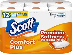 Scott Comfort Plus Premium Soft Toilet Paper, 12-Roll Pack - Strong, Septic-Safe, Fast-Dissolving Bath Tissue for Home & Office Use