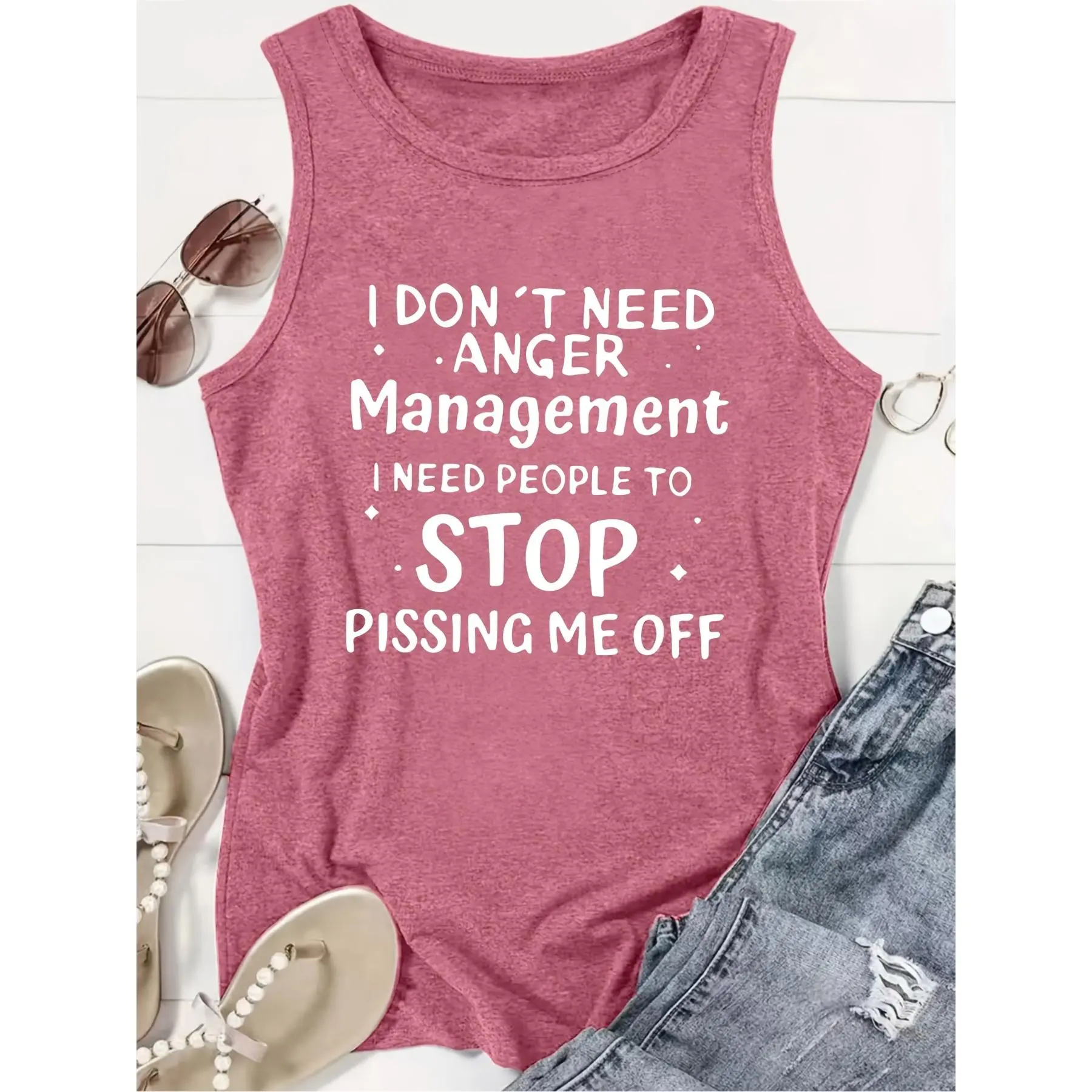 Women's Plus Size Lady's Sleeveless Spandex Tank Top - Comfortable Light Round Neck, Funny "I Don't Need Anger Management I Need People to Stop Pissing Me Off" Print, Soft Machine Washable for Spring Summer Casual Outdoor Wear
