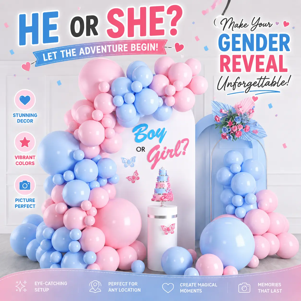 Gender Reveal Balloon Arch Kit, He or She Boy or Girl Balloon Garland with Butterfly Accents, Pastel Pink and Blue Backdrop Decor for Baby Showers, Gender Reveals & Newborn Celebrations