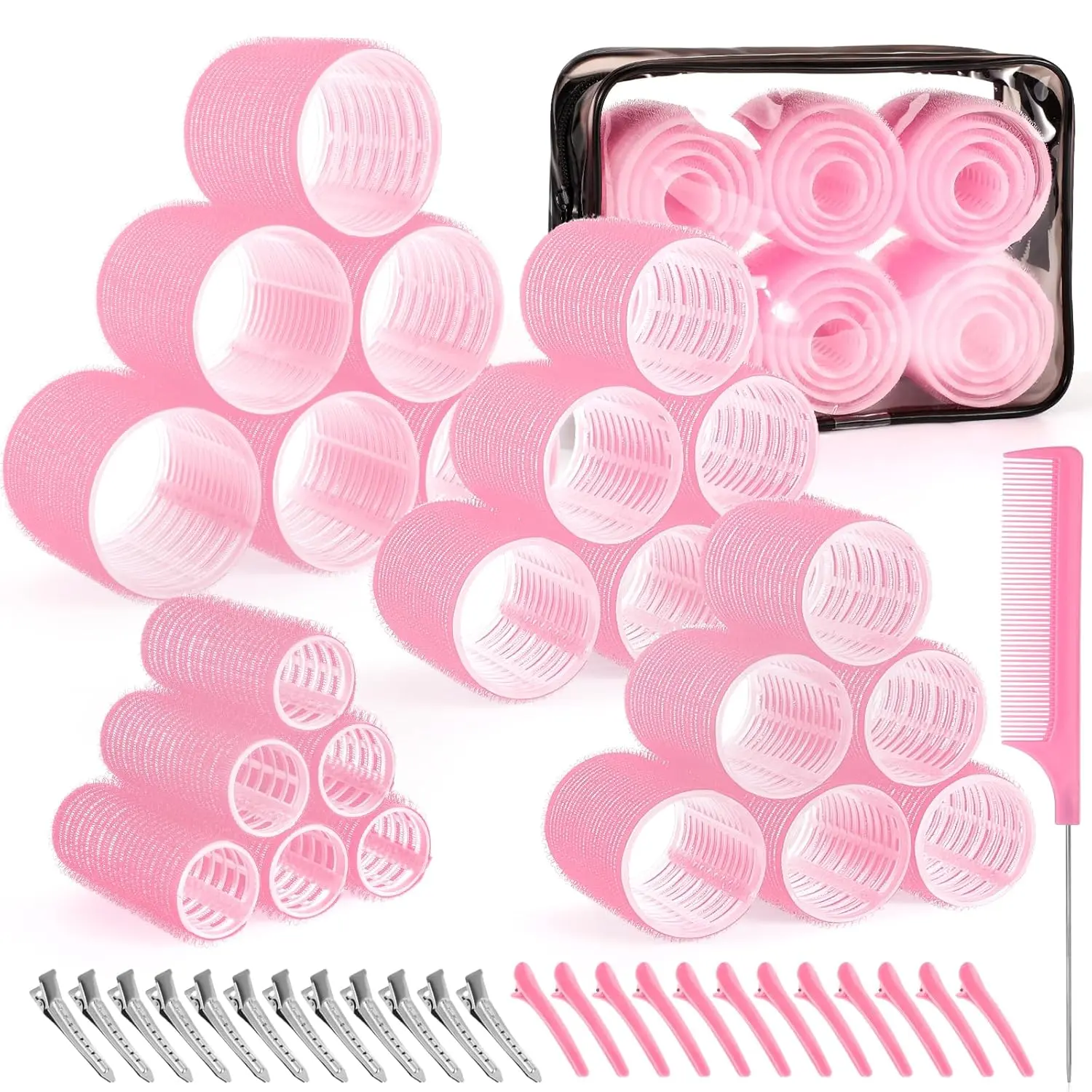 50 Pcs Self-Grip Hair Rollers Set (4 Sizes: 25mm-36mm-48mm-60mm) - Heatless Curlers for Long & Short Hair, DIY Salon Blowout Volume with 12 Clips, Pink