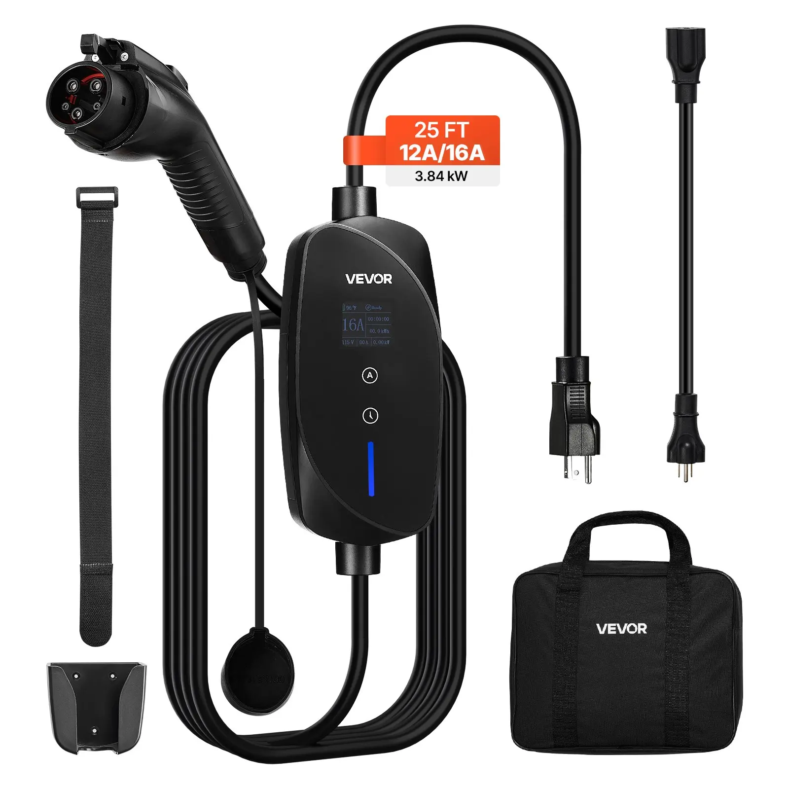 VEVOR Level 12 EV Charger, 16 Amp Adjustable Current, Electric Vehicle Portable Charger with 25 ft Cable, 120V-240V, NEMA 6-20P Plug NEMA 5-15 Adapter, LCD, Home Car Charging Station for SAE J1772 EV