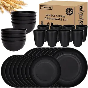 32-Piece  16pcs  Kitchen Plastic Wheat Straw Dinnerware Set - Dinner Plate, Dessert Plate, Cereal Bowl, Cup, Unbreakable Plastic, Black -  Tableware