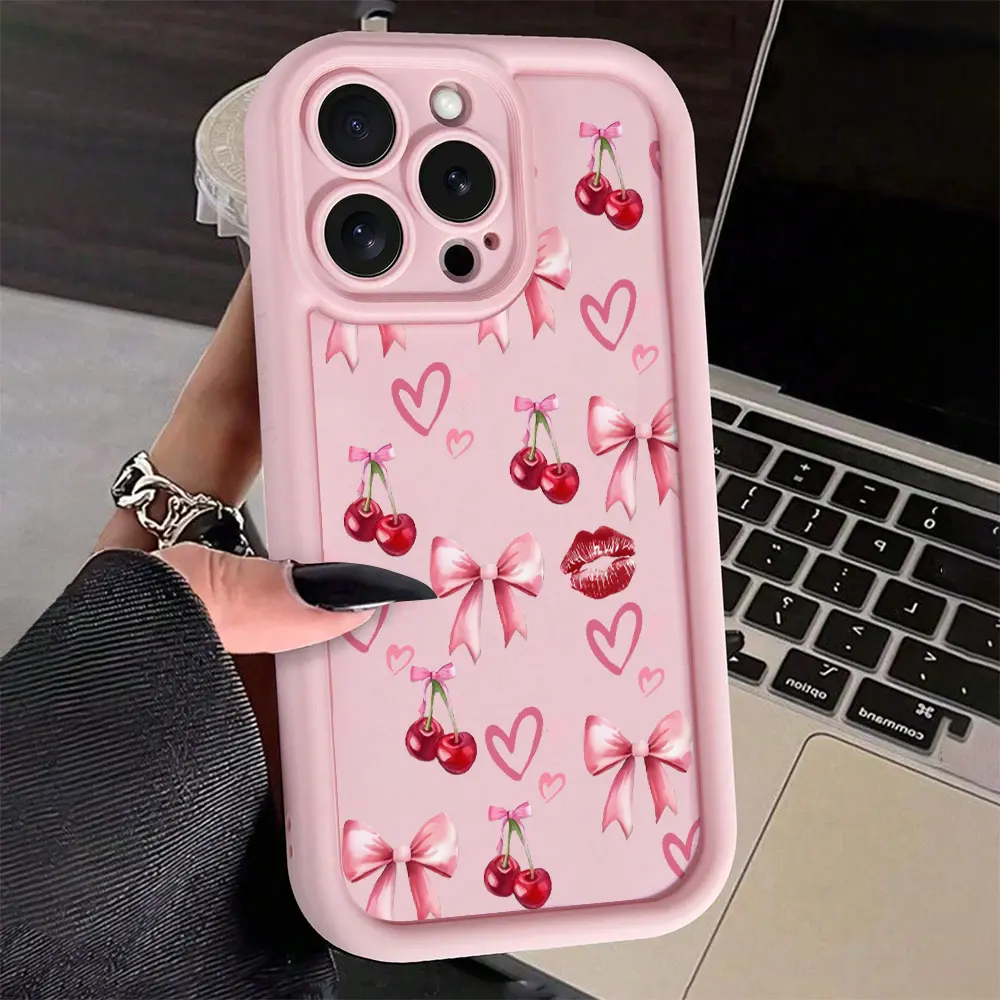 Cherry Bow Lip Print Shockproof iPhone cases Case Compatible with For iPhone 17 Pro Max 16 16e 15 14 Plus 13 12 Mini 11 Air X XS Pattern TPU Lens Protection Durable Soft Cover Gift 2D printing