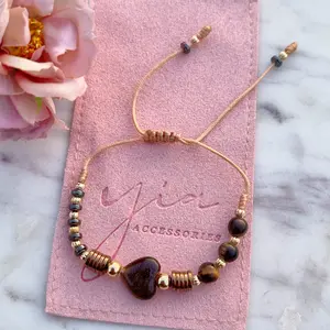 Tigers Eye Heart-Shaped Bracelet with Gold Plated Hematite Beads, Adjustable Flexible Band for Protection & Focus, Flexible Heart-Shaped Bracelets & Bangles