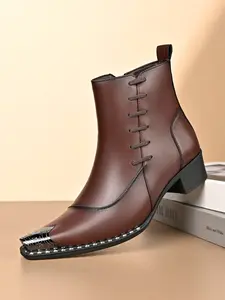 Men's British Style High Heel Pointed Toe Short Boots, Business Casual Fashion Low Heel Rubber Sole, Office Daily Wear