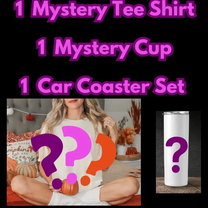 Women's Mystery Gift Set, 3-Piece Themed Bundle with Graphic Tee Shirt, Travel Tumbler Cup, and Car Coaster
