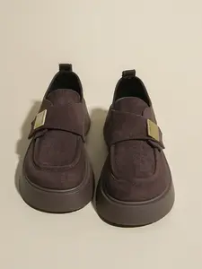 Women's Dark Brown Suede Metal Logo Buckle Platform Casual Shoes, Retro Sweet-Cool Style, Suede Material + Metal Logo Buckle + Platform Height-Increasing + Non-Slip Sole, Dark Brown Versatile, Platform Height-Increasing , Ideal for Daily Outfits
