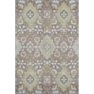 HomeRoots 678878 8' x 10' Taupe, Peach & Artichoke Green Indoor Oriental Rectangle Area Rug - UV Protection, Machine Wash, Stain Resistant
