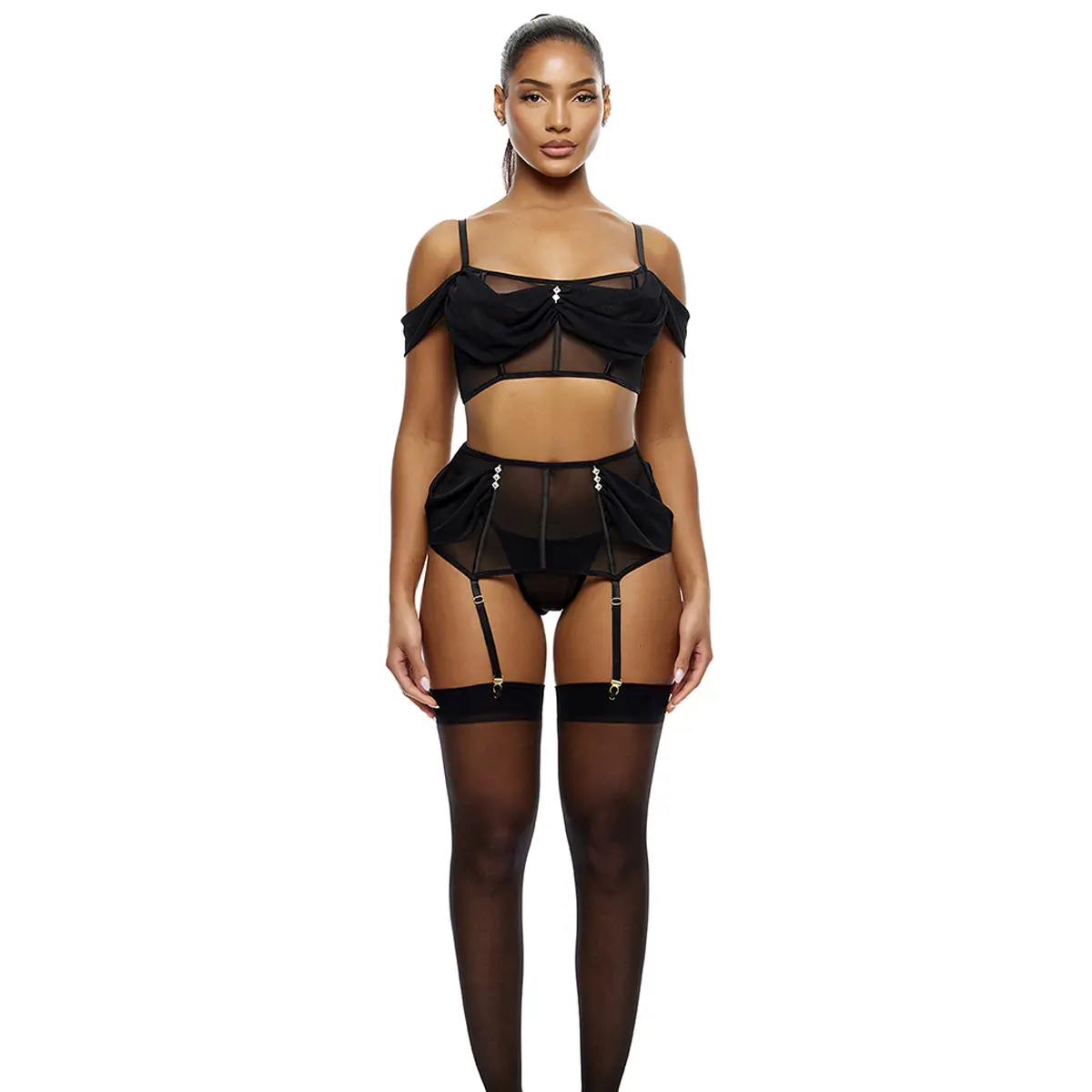 Forplay Princess Treatment 3-Piece Draped Mesh Bra and Garter Skirt Lingerie Set - Black