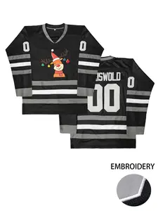 Men's Letter & Number Embroidery Hockey Jersey, Jersey Shirt, Christmas Deer Pattern, Vintage Long Sleeve V Neck Hockey Ball Uniform, Casual Sportswear for Men,Casual Sporty Top, Athletic Style