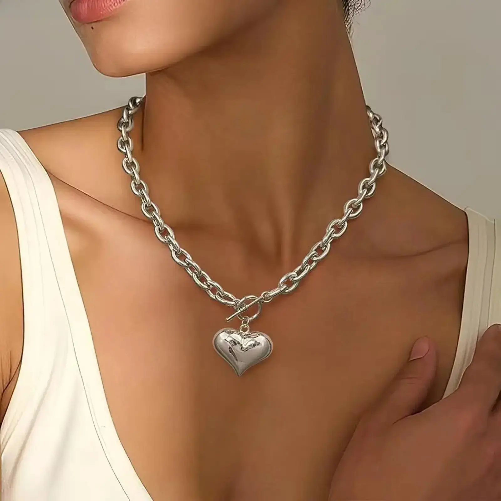 Gold Plated Chunky Link Chain Necklace With Puffy Heart Pendant & OT Clasp, Trendy Minimalist Sturdy Neck Jewelry For Daily Matching Street Style Outfits