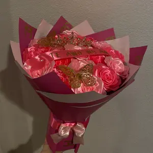 Eternal Rose Bouquet with Satin Ribbon Crown and Butterflies 19 Roses Medium Size Perfect for Any Occasion Elegant Design Versatile Gift for Special Events