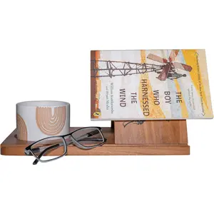 Wooden Triangle Book Stand Reading Valet Book Rest with Cup Phone Glasses Pen Holder Thumb Book Page Holder Nightstand Book Holder Gift for Book Lovers Readers Bibliophiles