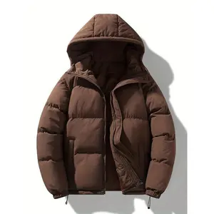 Unisex Hooded Puffer Jacket, Polyester Fiber Filled, Non-Stretch Solid Color, Long Sleeve, Regular Fit, with Drawstring, Zipper Placket, for Daily Casual Wear, Spring/Autumn/Winter Coat, MD3333 Menswear Tops Menswear Tops Man Beige Plain