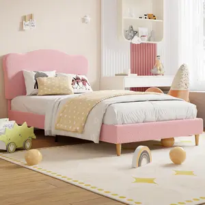 Cozy Pink Full Size Berber Fleece Platform Bed Frame with Cute Soft Padded Headboard Low Profile Sturdy Wood Slat Support Quiet Comfort No Box Spring Required Modern Warm Bedroom Furniture Essential