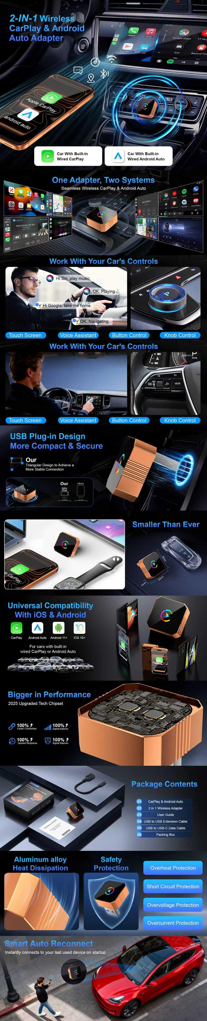 Aimoon New CarPlay 2026 Wireless Adapter for iPhone/Android Apple 17 Orange Fast Connect No Delay Hands-Free Calling Electronic Charger CarPlay Adapter