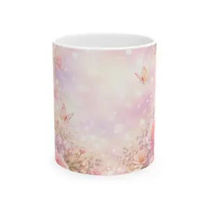 Pastel Floral Butterflies Mug | Pink Garden Ceramic Mug