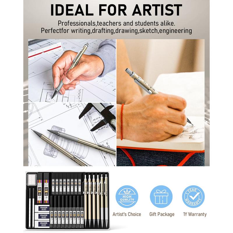 Nicpro 34PACK Art Mechanical Pencil Set, Metal Drafting Pencil 0.3 mm & 0.5 mm & 0.7 mm & 0.9 mm & 2PACK 2mm Lead Holder (6B 4B 2B HB 2H 4H Colors) For Sketching Drawing With 19 Tube Lead Refills Case