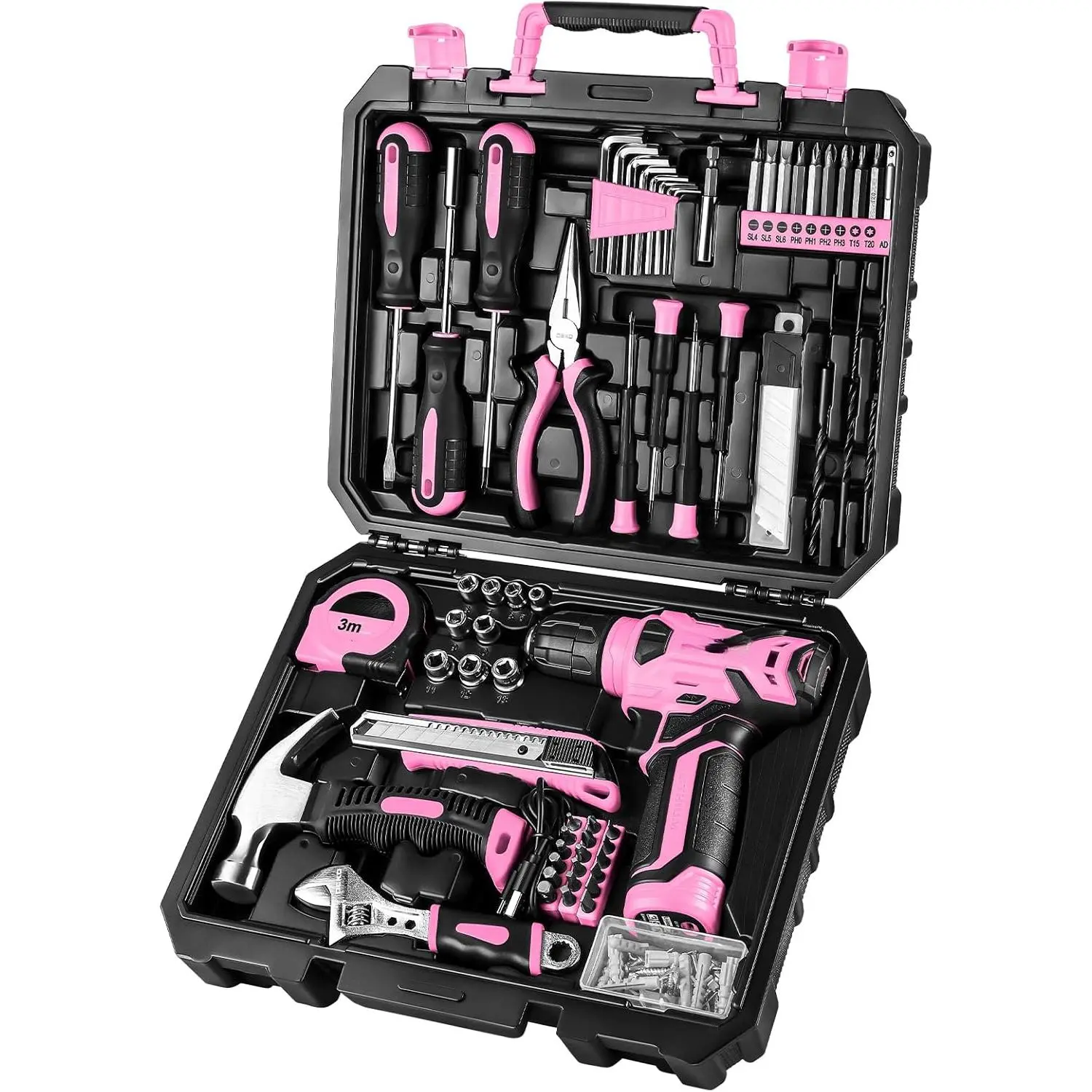 Drill Set, Home Tool Set with 8V Pink Cordless Drill, Hand Tool Kit  Women, 126 pcs