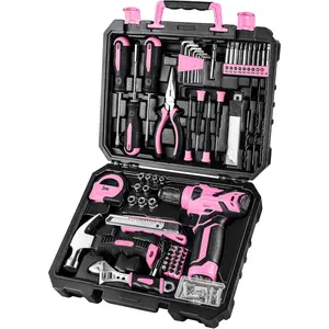Drill Set, Home Tool Set with 8V Pink Cordless Drill, Hand Tool Kit  Women, 126 pcs