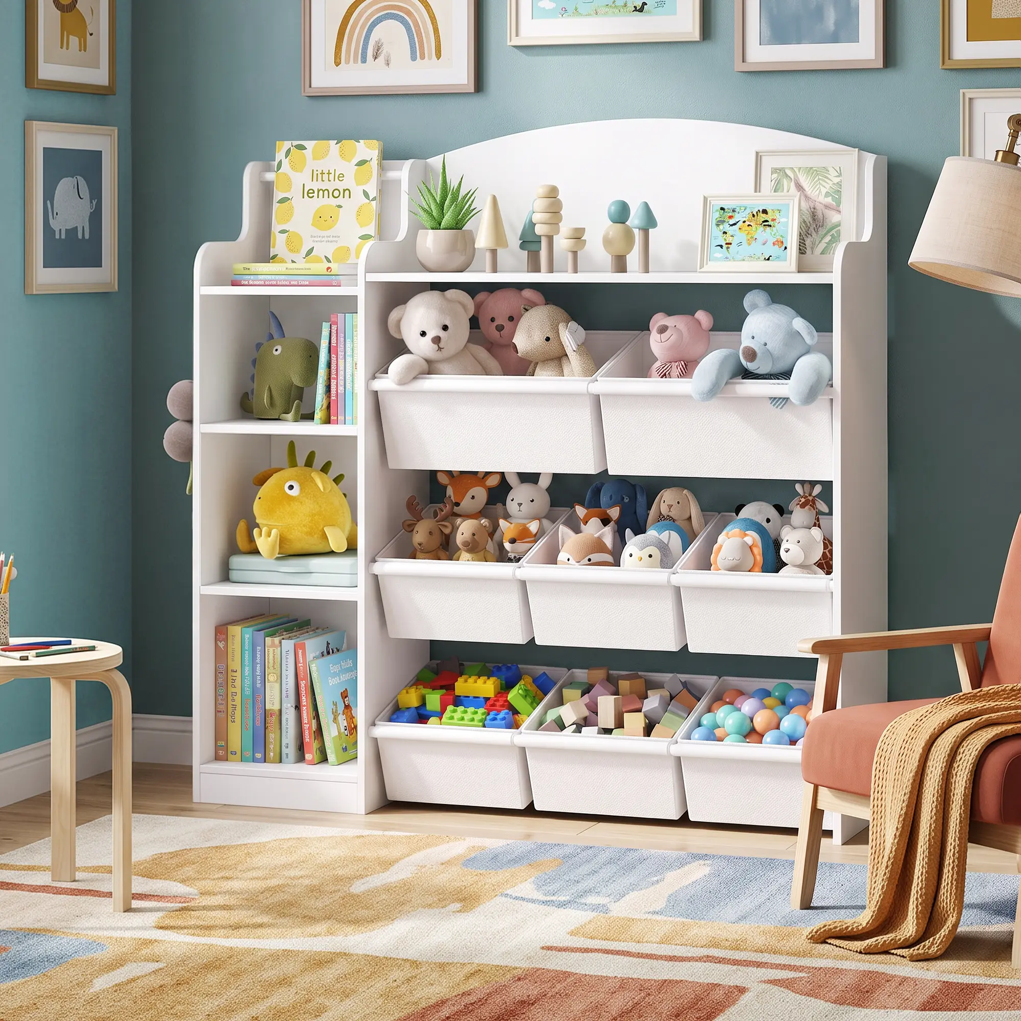 Hzuaneri Toy Storage Organizer, Toy Shelf with Storage Bins, Playroom Storage, Kids Bookshelf, Toddler Bookshelf for Children's Room, Bedroom, Living Room, Study Room, Nursery