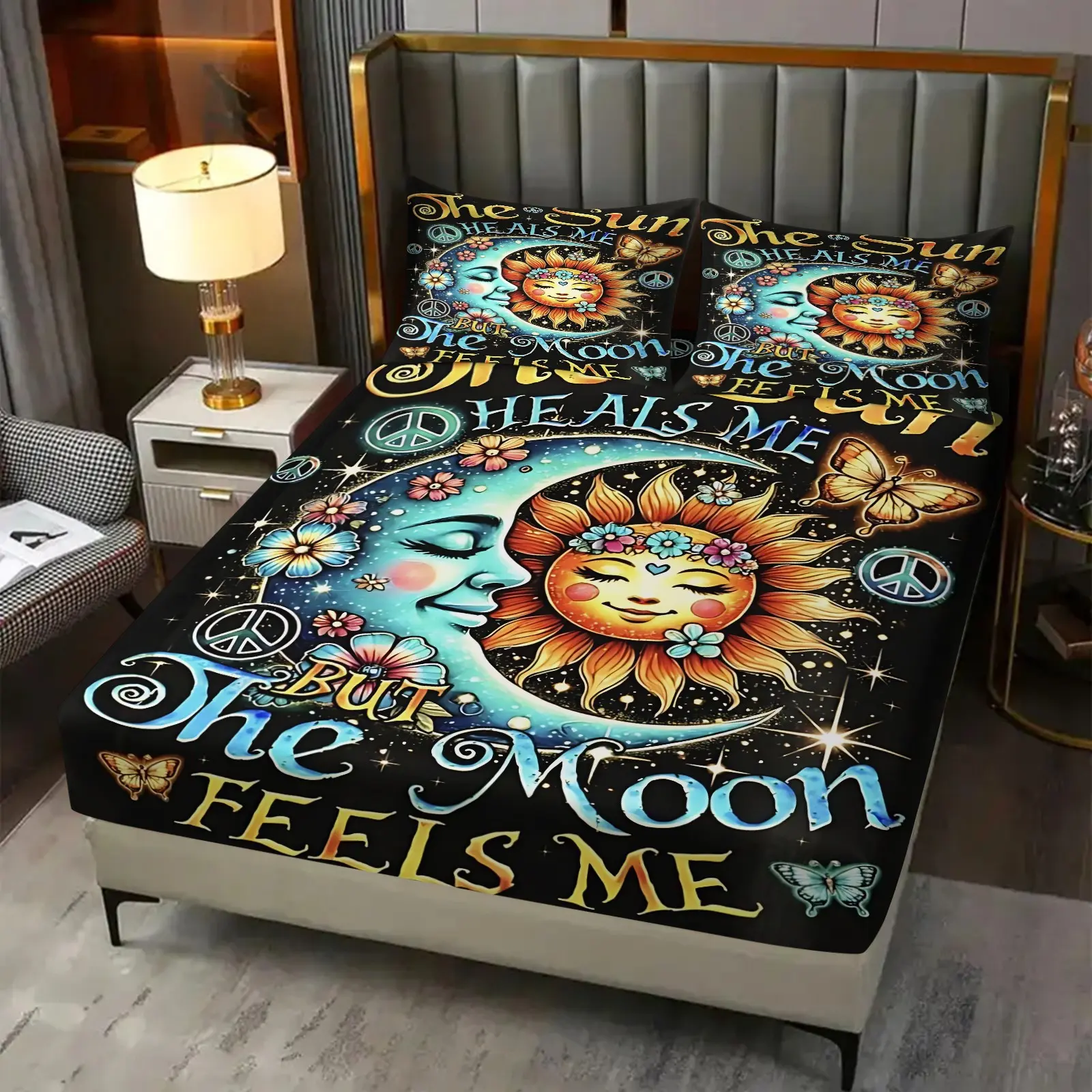 3Pcs Colorful Sun and Moon Fitted Sheet Set, Artistic Floral Design with Stars, Boho Bedsheets, Decorative Bedsheet Sets, Soft and Durable Bedding for a Bedroom Makeover, Perfect for Sleep Vibes, Includes 2 Pillowcases, No Pillow Core