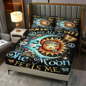 3Pcs Colorful Sun and Moon Fitted Sheet Set, Artistic Floral Design with Stars and Peace Signs, Soft and Durable Bedding for a Vibrant Bedroom Makeover, Perfect for Healing Sleep Vibes!Includes 2 Pillowcases, No Pillow Core