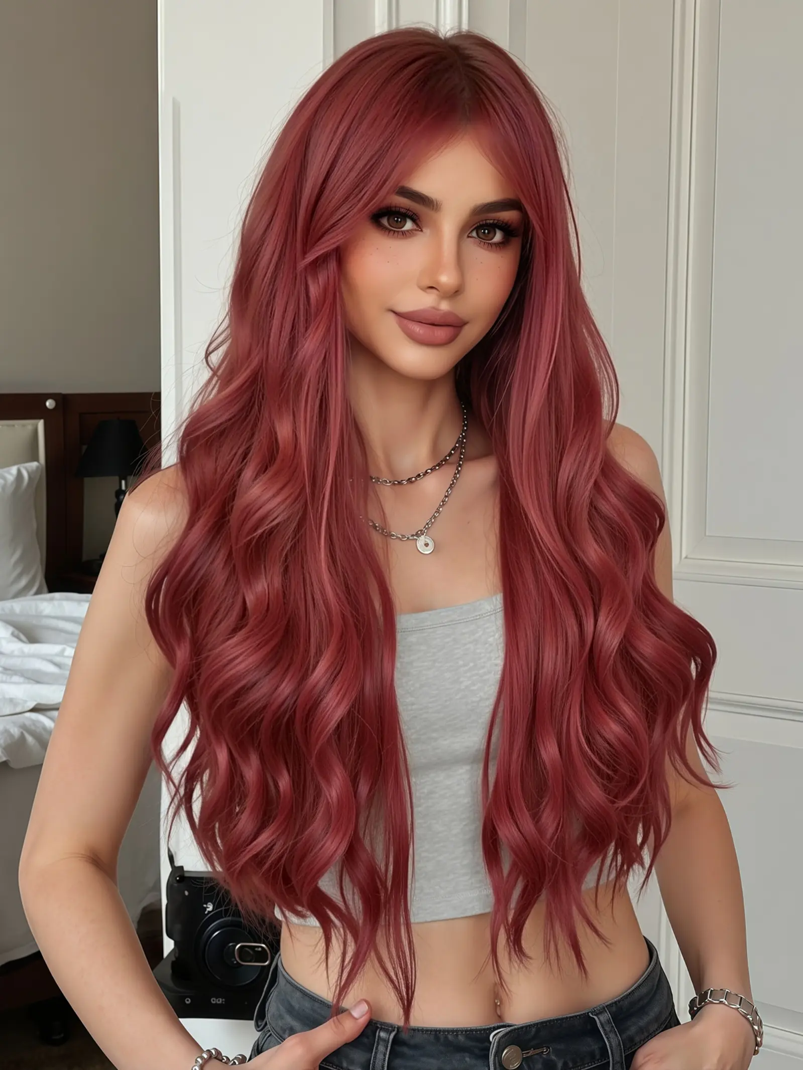 32 Inch Wine Long Curly Wig with Bangs, Full Head Synthetic Material, Versatile Style for Holidays and Daily Wear, Suitable for All Ages, Synthetic Fiber Wigs