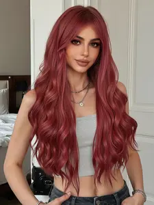 32 Inch Wine Long Curly Wig with Bangs, Full Head Synthetic Material, Versatile Style for Holidays and Daily Wear, Suitable for All Ages, Synthetic Fiber Wigs