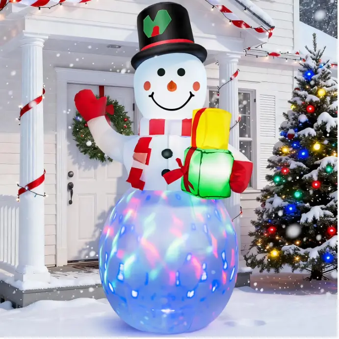 Classic Snowman Motif LED Lighted Inflatable Christmas Decoration - Waterproof Polyester Fabric Outdoor Blow-Up Ornament with Energy-Efficient LED Lighting, Stake, Knitted Scarf, Festive Gift Elements for Home Display & Xmas Parties, Inflatable Christmas