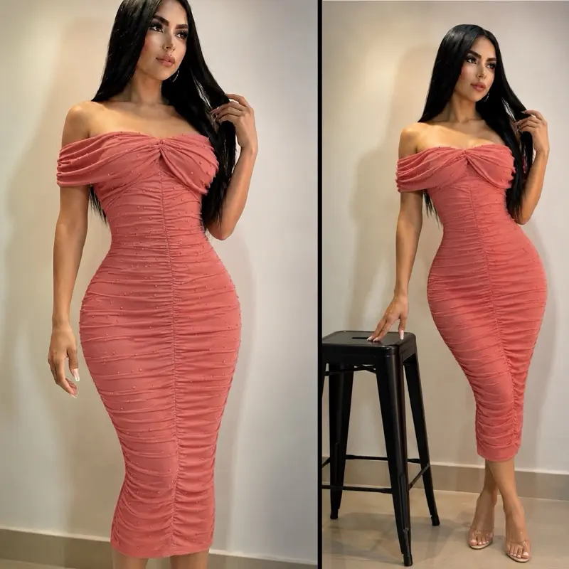 Women's Elegant Off-Shoulder Mid-Length Midi Dress - Chic Pearl Beaded Mesh Formal Wear with Long Sleeves, Breathable, Lightweight, Ideal for Weddings