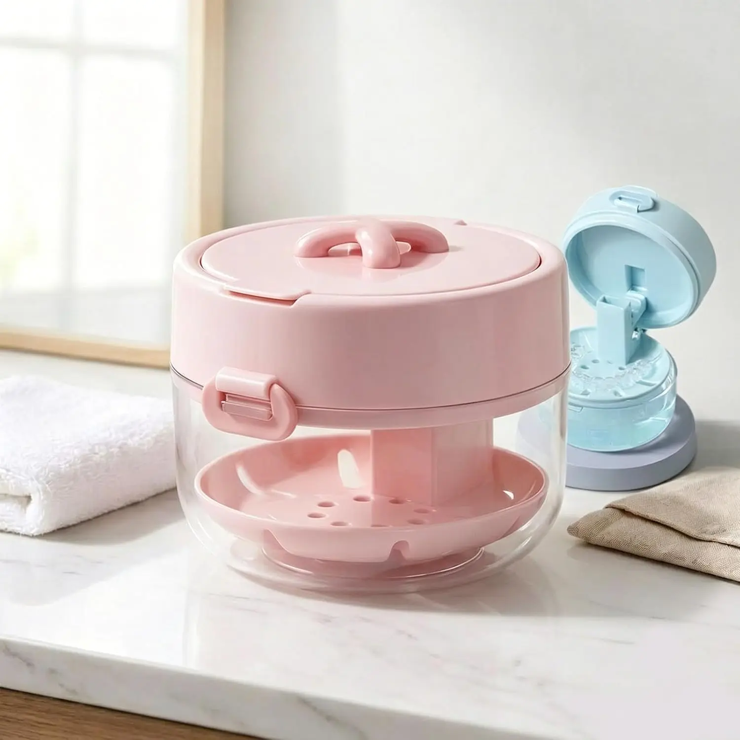3-in-1 Retainer Cleaning & Storage Case with Mirror and Brush, Multi-Function Dental Care Box with Drain Tray and Snap-Lock Lid, Compact Denture & Aligner Organizer for Travel and Home