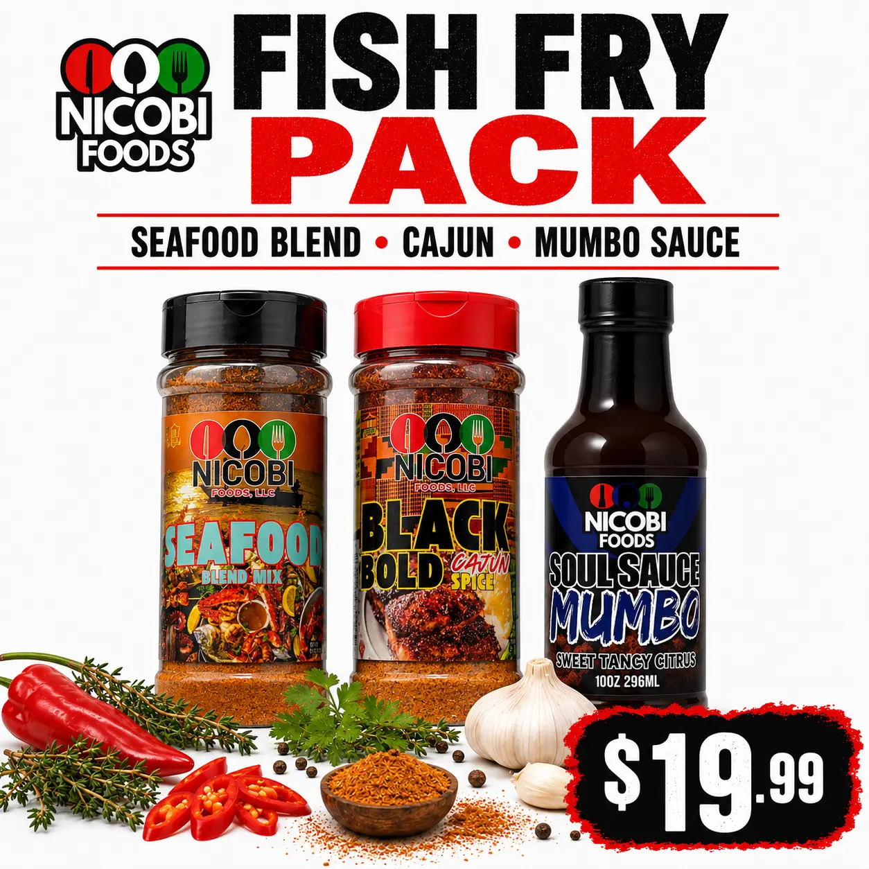 Nicobi Foods Fish Fry Pack — Seafood Blend, Cajun & Mumbo