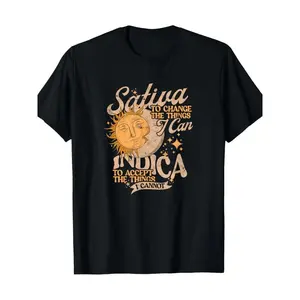 Men's 180g Cotton Casual Classic Graphic Print T-shirt - Sativa Indica "Serenity Prayer" Cannabis Humor, Retro Sun Moon Weed Stoner Parody Short-sleeve Fabric Tee