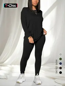 Women's Solid Drop Shoulder Tee & Elastic Waist Skinny Pants Two-piece Set, Basic Casual Fashion Cozy Round Neck Long Sleeve T-shirt & Trousers for Daily Outdoor Wear, Women's Clothing for Spring & Fall