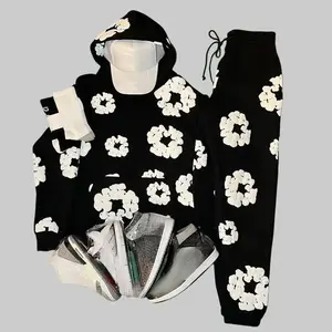 Y2K Men's Oversized Flower Puff Print Hoodie & Wreath Tracksuit Set – Unisex Retro Harajuku Streetwear,Wide Leg Joggers,Drawstring Shorts,Gym Outfits 3D Printed Sports Set