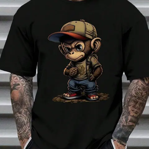 Men's Cartoon Monkey Print Round Neck Tee, Regular Fit Casual Comfy Streetwear Short Sleeve Crew Neck T-shirt for Summer, Casual Summer Clothing, Fashion Men's Top for Daily Wear, Casual Style Tee