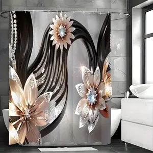 1pcs Luxury Diamond Flowers Shower Curtain Set - Water-Repellent Polyester Fabric, Unlined, Knit Weave, Modern Home Bathroom Decoration, 12 Shower Curtain Hooks