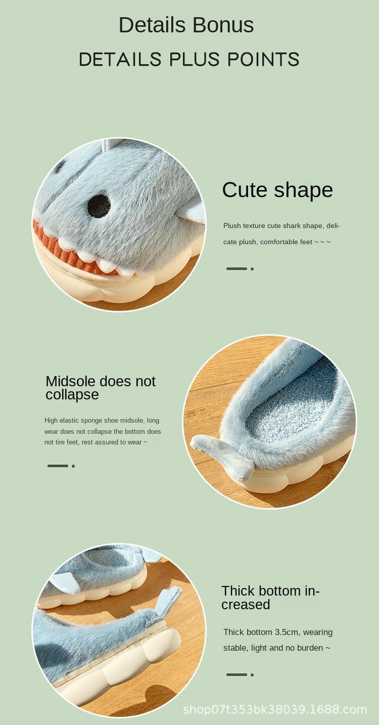 Cotton Slippers for Women Winter  Shark Cartoon Cute Fleece Lined Thick Anti-Slip Quiet Indoor Warm Cotton Shoes