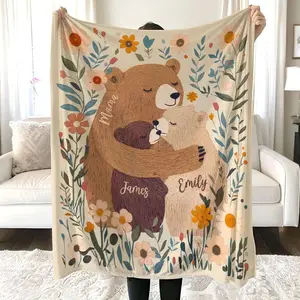 Personalized "Mama Bear & Flowers" Blanket - A Custom-Made Mother's Day Gift for Moms and Grandmas; Crafted from Soft Flannel; A Warm and Charming Floral-Themed Gift with a Rustic Touch.