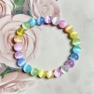 Aura Natural Selenite Round Bead Bracelet, Colored Selenite Crystal Bracelet