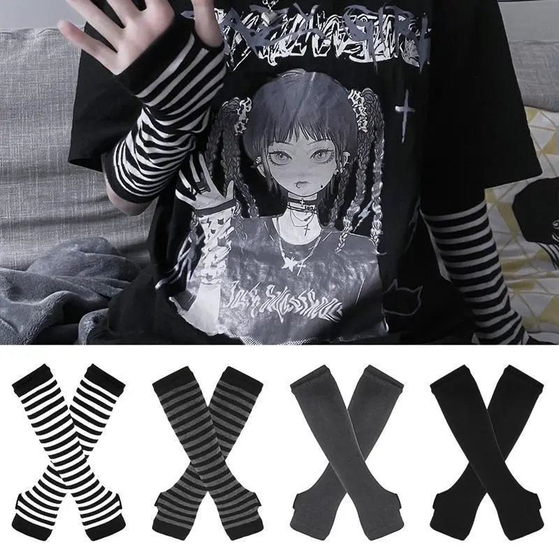 Stacking Fingerless Striped Hip-Hop Knitted Elbow Mittens, Winter Warm Long-Sleeve Elastic Outdoor Arm Warmers for Men & Women