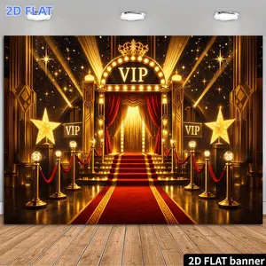 2D Flat Banner 1pc, Crown Style VIP Red Carpet Arch Backdrop - Golden Luminous Arch with Crown Decorations Red Velvet Curtain and Usher Bar High-end Luxurious Atmosphere Material No Power Supply Needed Suitable for High-end Banque