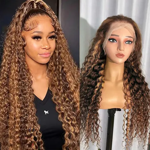 Women's 30in 13x6 HD Lace Front Wig, Human Hair, 180% Density Highlight Deep Wave, Pre-Plucked P4/27 Ombre Deep Curly Wig for Women,wigs