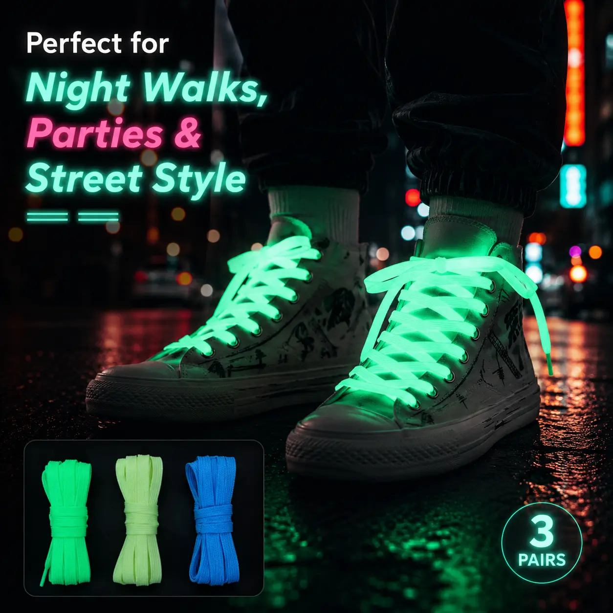6pcs Random Color Mixed Glow-in-the-Dark Shoelaces, 3 Pairs Each, for Men's and Women's Sneakers. Versatile Reflective Laces for a Cool, Trendy Look, Suitable for Daily Casual Wear, Parties, Dates, Outings, and Holiday Outfits