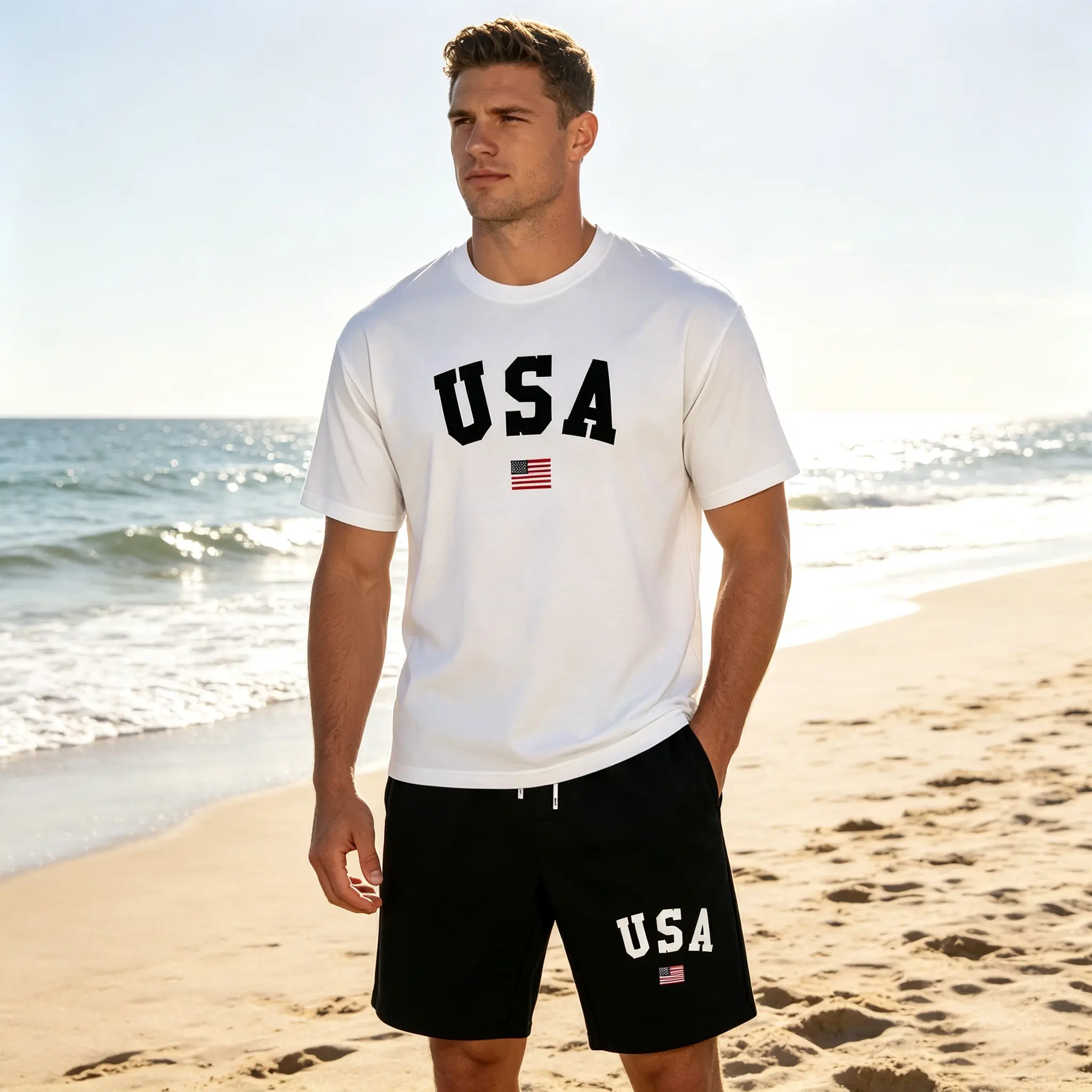 Men’s Short Sleeve T-Shirt And Drawstring Shorts 2 Piece Set, USA American Flag Print Casual Tracksuit, Soft Polyester Fabric Summer Matching Outfit, M-XXXL