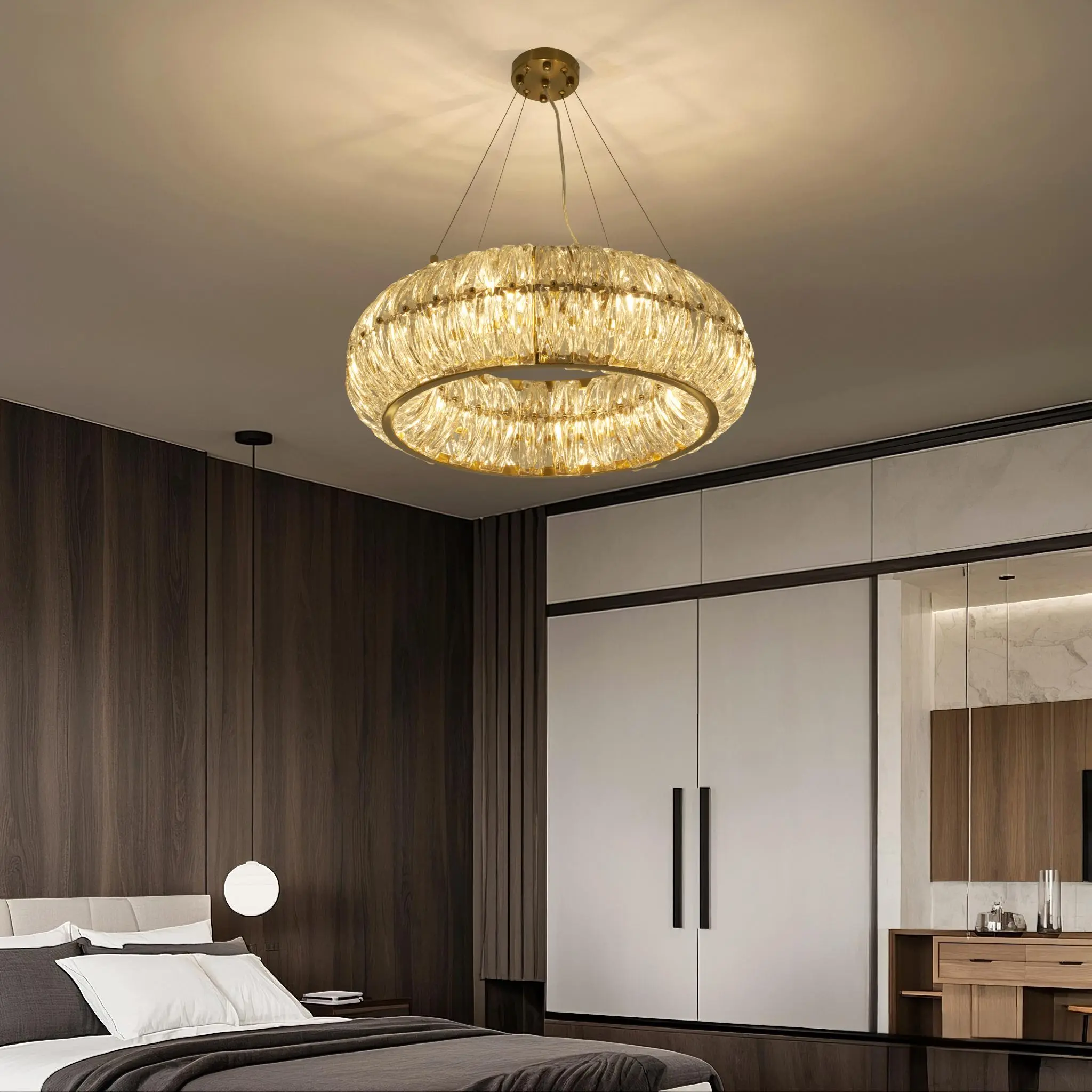 23.6 Inches Modern Pumpkin Crystal Ring Chandelier - Polished Brass Frame, Circular Textured Glass Pendant Light, Adjustable Cables, 8×E14, AC Power Supply, Switch Included, Autumn Decor for Dining Room, Living Room