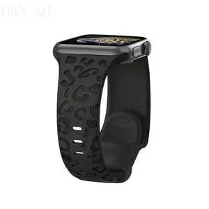 DAN QI Unbeinst 1pc Leopard Print Carved Soft Silicone Watchband Compatible With IWatch Ultra Series 10 9 8 7 SE 6 5 4 3 2 1 Black Wearable
