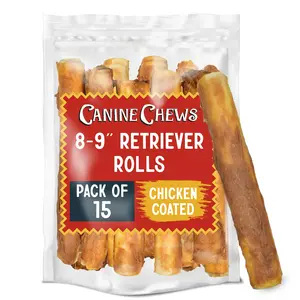 Canine Chews 8-9" Chicken Coated Dog Rawhide Retriever Rolls (15 Pack) - Chicken Rawhide Bones for Large Dogs - 100% USA-Sourced