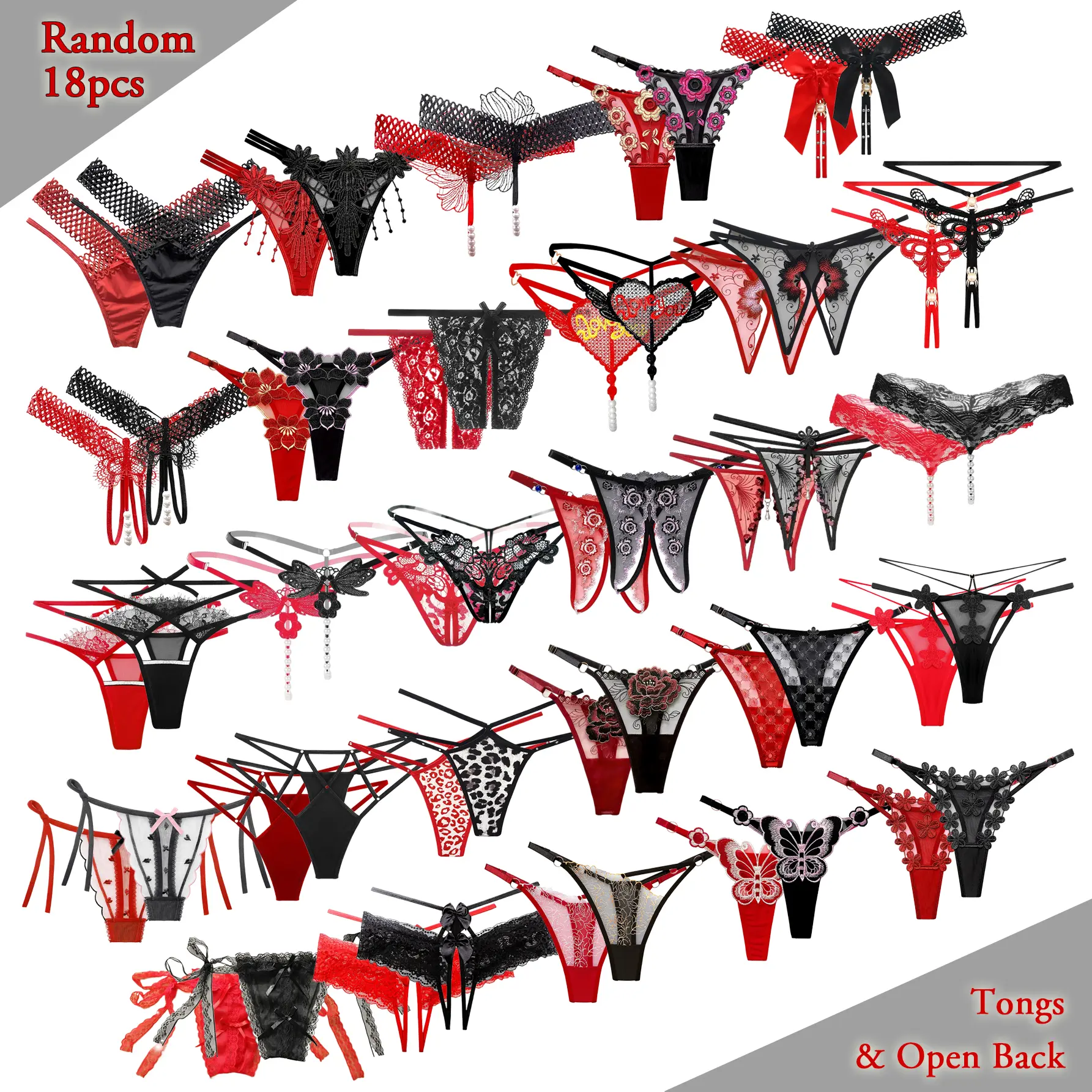 Women's Assorted Thongs (Pack of 18) - All Different Styles, Red/Black, Crotchless, Beaded Gusset, Soft Seamless Lace, Adjustable Waistband, Embroidery, Comfortable, Breathable Lingerie for Lady, Romance, Elegance, Birthday, Wedding